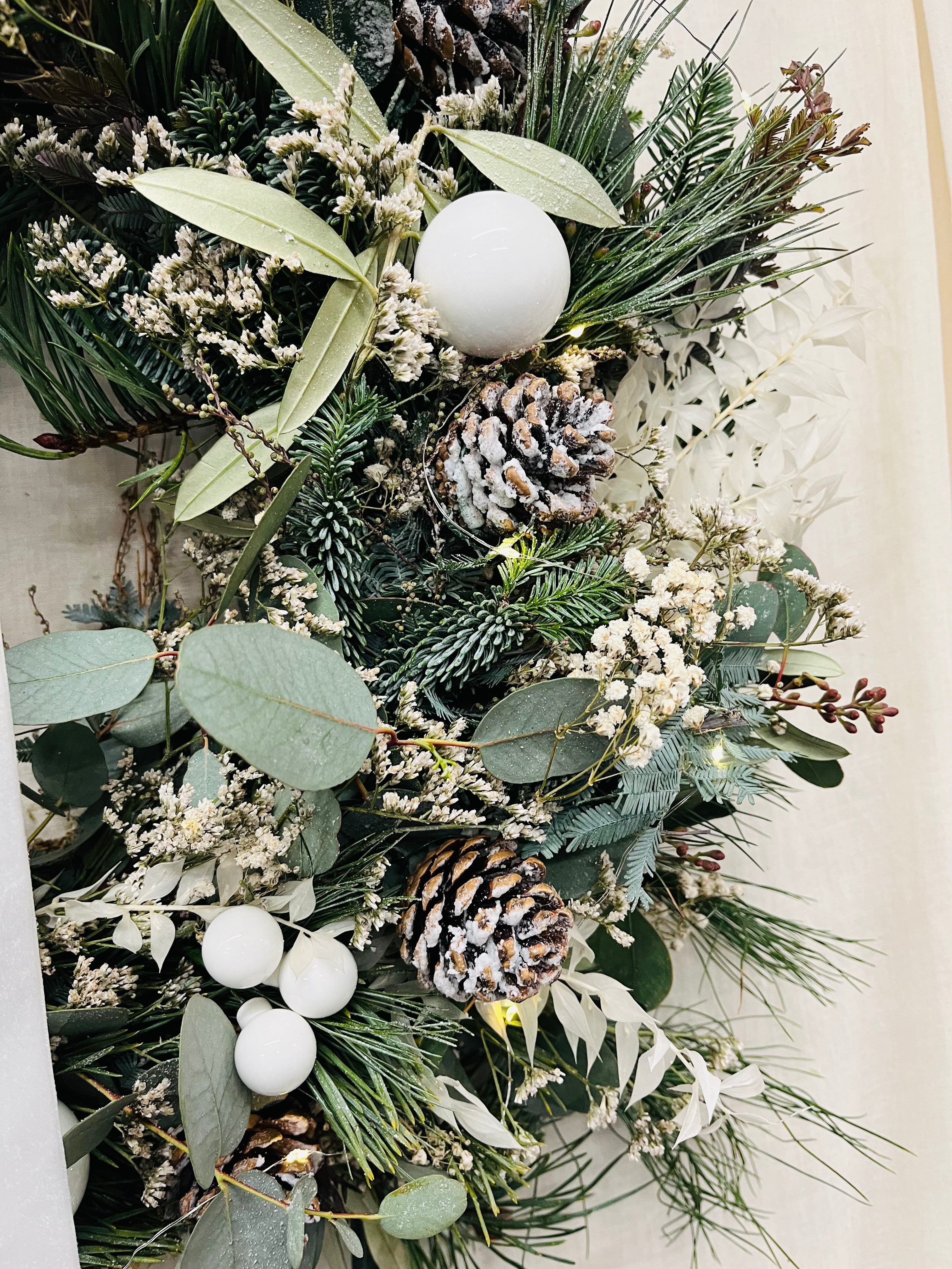 Snowy Winter White Wreath with lights